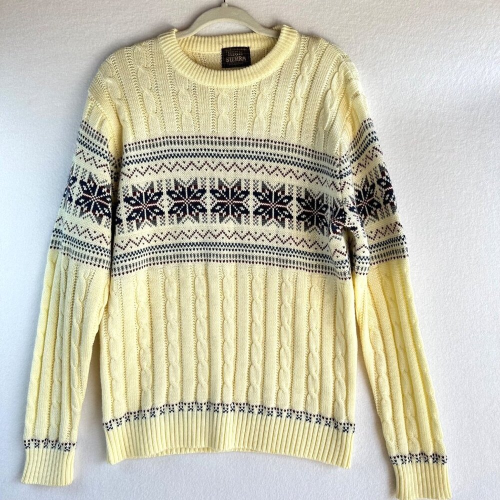 Vintage High Sierra Sweater Womens Size Large Cream Fair Isle Nordic Cable Knit